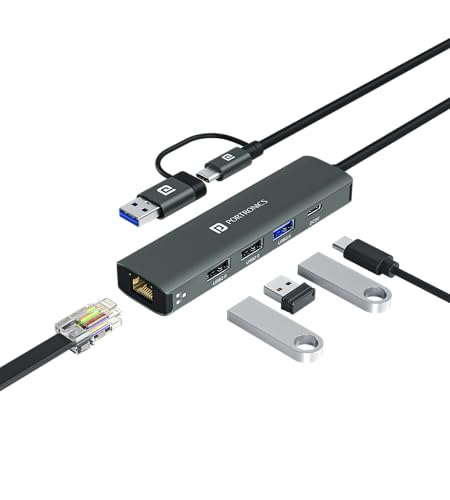 Portronics Mport Edge,5 Ports Dual USB Hub Dock, Superfast USB 3.0, High Speed 2.0, Type-C 5V2A Port, 100 Mbps RJ45 Ethernet, Versatile & High-Speed Connectivity Hub for Laptops & Desktops (Grey) - Image 1