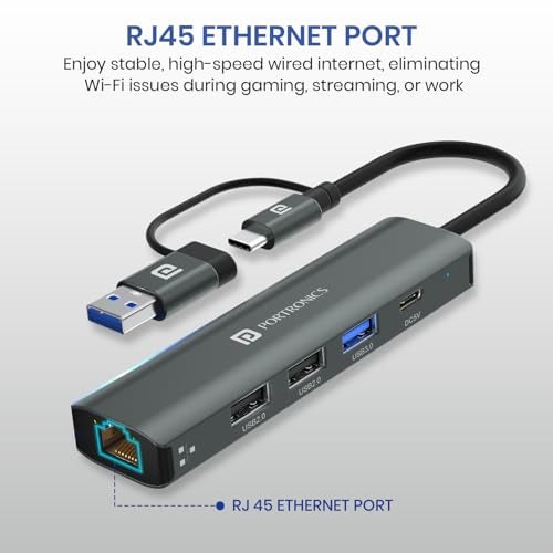 Portronics Mport Edge,5 Ports Dual USB Hub Dock, Superfast USB 3.0, High Speed 2.0, Type-C 5V2A Port, 100 Mbps RJ45 Ethernet, Versatile & High-Speed Connectivity Hub for Laptops & Desktops (Grey) - Image 5