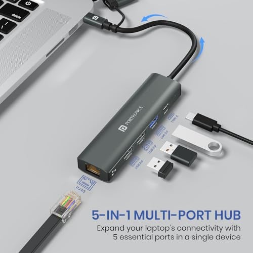 Portronics Mport Edge,5 Ports Dual USB Hub Dock, Superfast USB 3.0, High Speed 2.0, Type-C 5V2A Port, 100 Mbps RJ45 Ethernet, Versatile & High-Speed Connectivity Hub for Laptops & Desktops (Grey) - Image 2