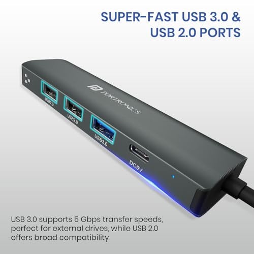 Portronics Mport Edge,5 Ports Dual USB Hub Dock, Superfast USB 3.0, High Speed 2.0, Type-C 5V2A Port, 100 Mbps RJ45 Ethernet, Versatile & High-Speed Connectivity Hub for Laptops & Desktops (Grey) - Image 3