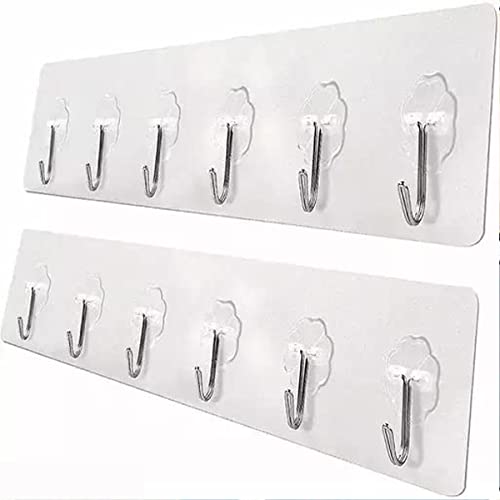 FORCE 24 Force24 - Self Adhesive Wall Hooks for Kitchen Organizer Hook for Wall Without Drilling for Home Kitchen Bathroom Bedroom Keys Bag Towels - 6 Stainless Steel Hook with Plastic Strip (Silver Pack of 2) - Image 1