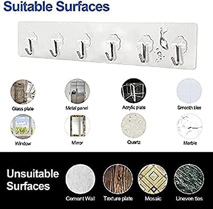 FORCE 24 Force24 - Self Adhesive Wall Hooks for Kitchen Organizer Hook for Wall Without Drilling for Home Kitchen Bathroom Bedroom Keys Bag Towels - 6 Stainless Steel Hook with Plastic Strip (Silver Pack of 2) - Image 5