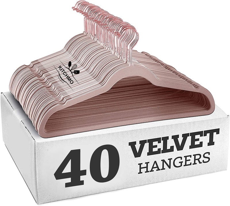 KITCHMO- Premium Velvet Hangers Non Slip Velvet Suit Hangers Rose Gold Hooks,Space Saving Clothes Hangers Velvet Hangers Non-Slip 360 Degree Swivel Hook Clothes Hangers Velvet (Peach, Pack of 40) - Image 1