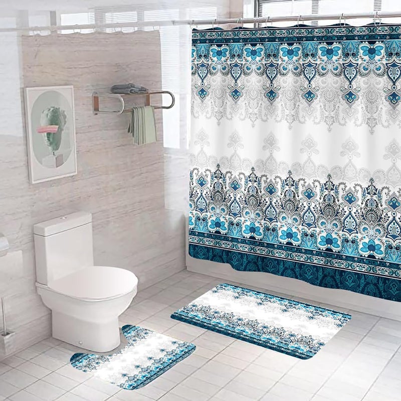 Kuber Industries Shower Curtain & Bathmat Set | Non-Slip Bath mats for Bathroom | Easy-Slide Curtains | Polyester Curtain or Bathmat for Bath Décor | XTL224-3T | 3 Pcs Set | Multicolor - Image 1