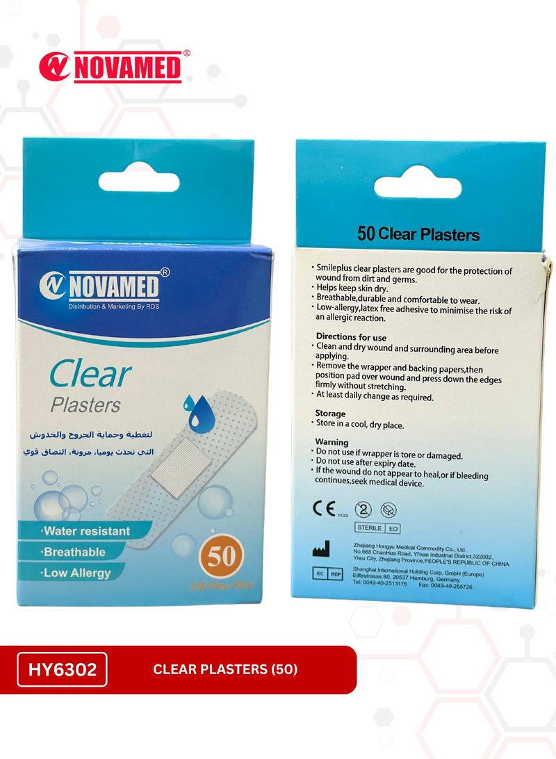 NOVAMED Clear Plaster Water Resistant Breathable Low Allergy one Sizes 50 Pieces