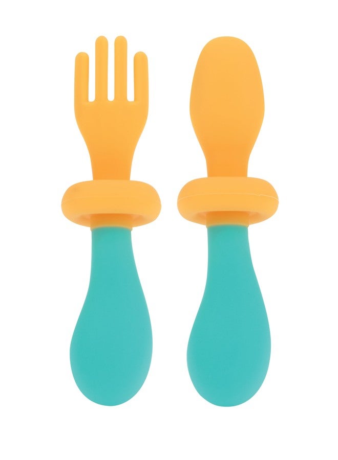 Nuby First Fork and Spoon Set - Utensils with Safety Guards for Babies 6+ Months - Orange and Aqua - Image 3