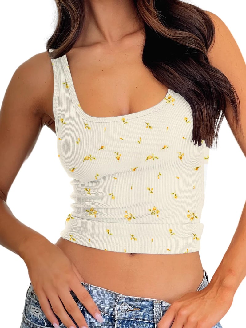 Danysu Spring Tops for Women Tank Top with Built in Bra Square Neck Crop Tank Fitted Basic Tops Marigold Rosebud M - Image 1