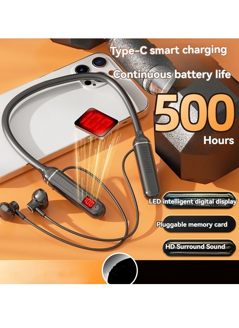 Generic Wireless Sports Bluetooth Headphones Neck Hanging Long-life Digital Display In-ear Noise Cancelling Headphones (Black)  - Image 1