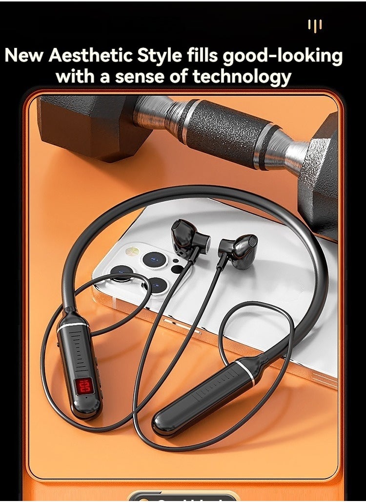 Generic Wireless Sports Bluetooth Headphones Neck Hanging Long-life Digital Display In-ear Noise Cancelling Headphones (Black)  - Image 2