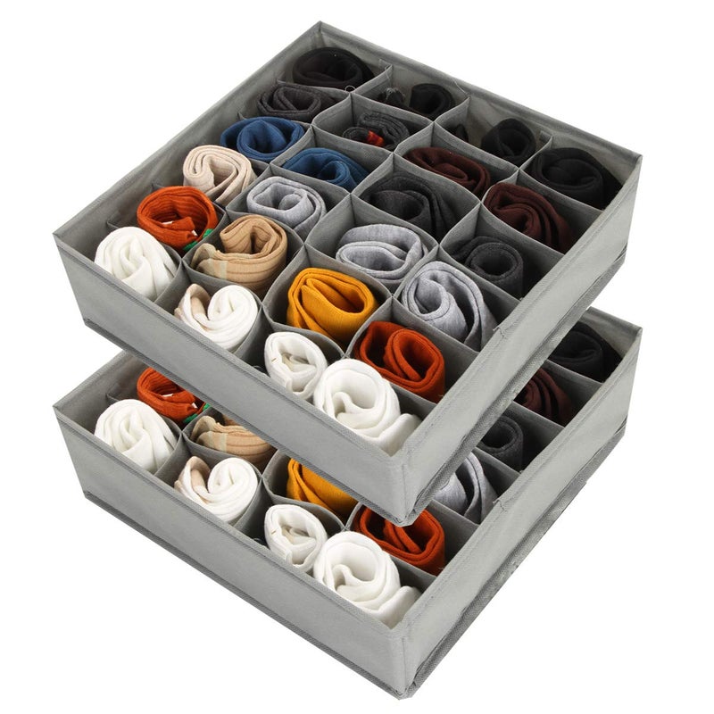 Nowyeh Socks Drawer Organizer Divider 2 Packs 24 Cells Collapsible Socks Organizer Closet Cabinet Organizer Underwear Storage Boxes for Storing Socks Lingerie Underwear Gray - Image 1