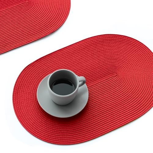 FunWheat Oval Braided Placemats Set of 6 Table Mats for Dining Tables Woven Washable Non-Slip Shining Place mats12x18 Inch Table mats for Easter Decoration(Oval Red, 6pcs) - Image 1
