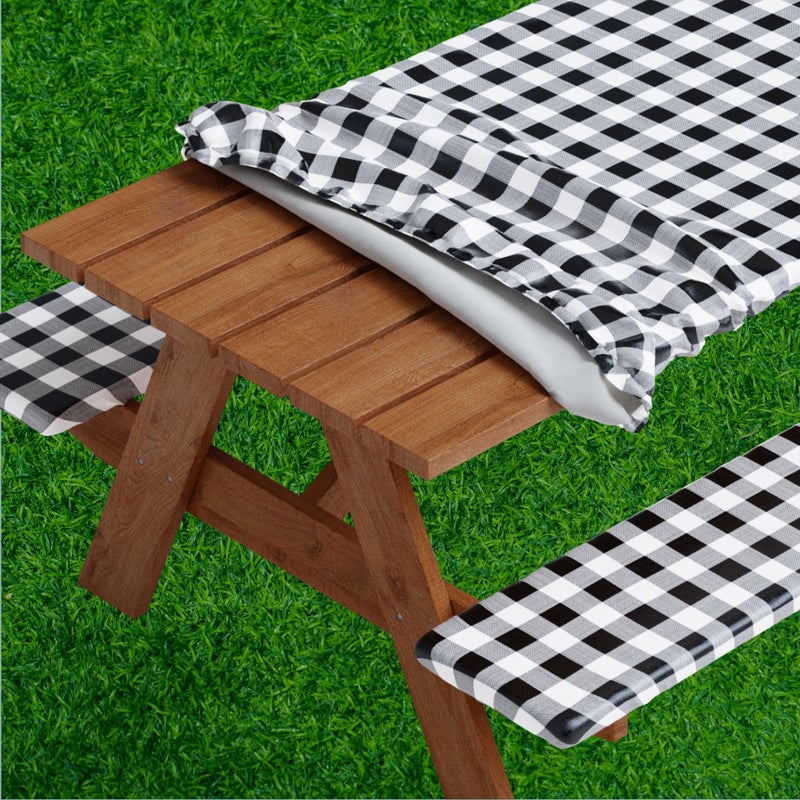 Sorfey Sorfey Picnic Table Cover with Bench Covers Fitted with Elastic Vinyl with Flannel Back Fits for Table 30x 96 RectangleWater Proof Checked Black Design