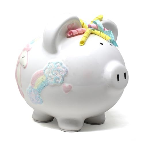 Child to Cherish Ceramic Piggy Bank for Girls, (Unicorns and Rainbows) - Image 1