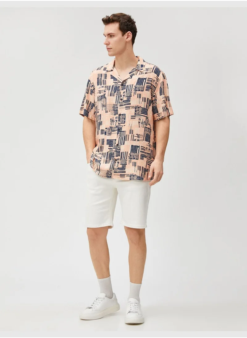 كوتون Short Sleeve Shirt Strip Print Detailed Lapel Neck