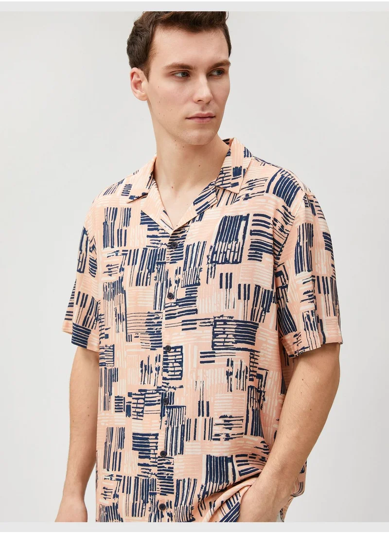 KOTON Short Sleeve Shirt Strip Print Detailed Lapel Neck