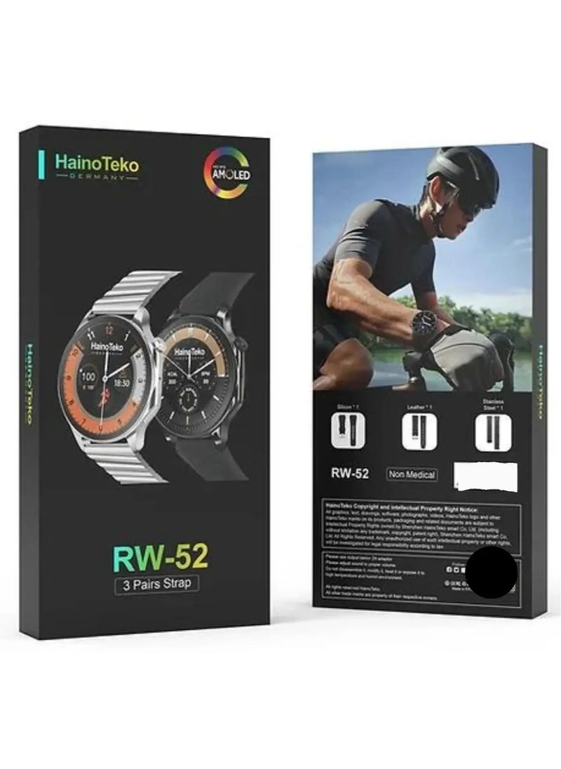 Haino Teko - Smartwatch RW52 Round Shape AMOLED Display Smart Watch With 3 Pair Strap and Wireless Charger for Gents and Boys-Silver - Image 1