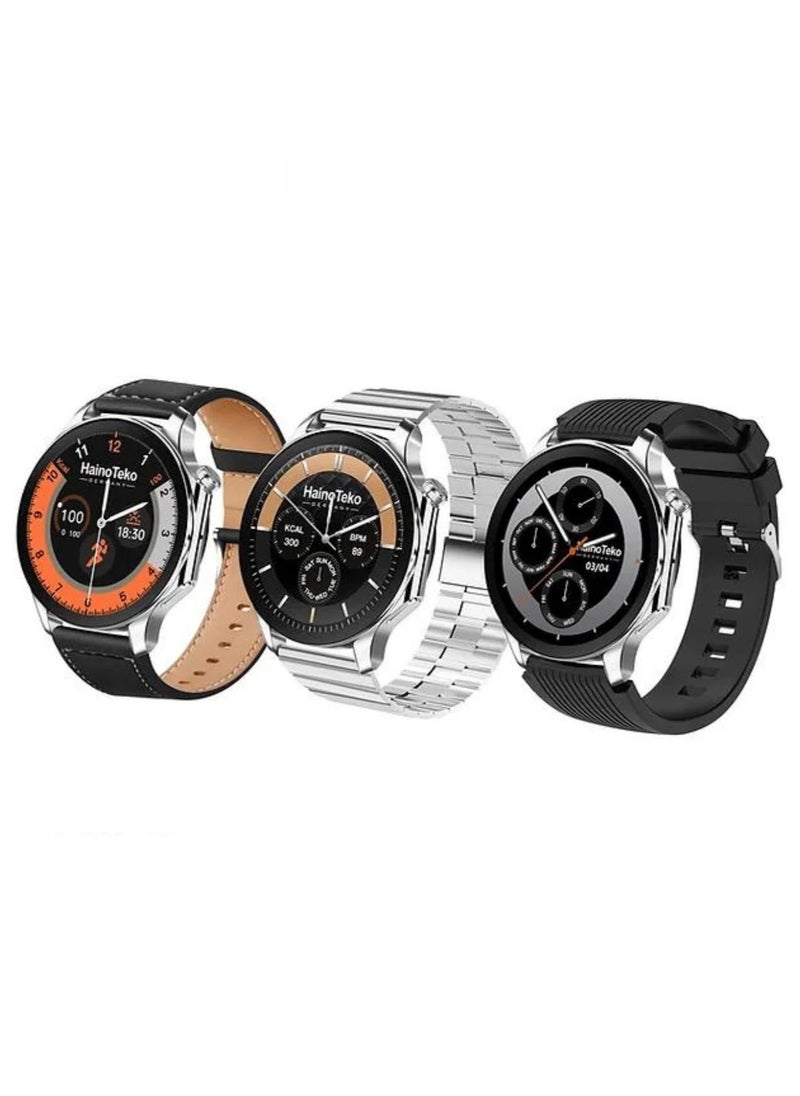 Haino Teko - Smartwatch RW52 Round Shape AMOLED Display Smart Watch With 3 Pair Strap and Wireless Charger for Gents and Boys-Silver - Image 1