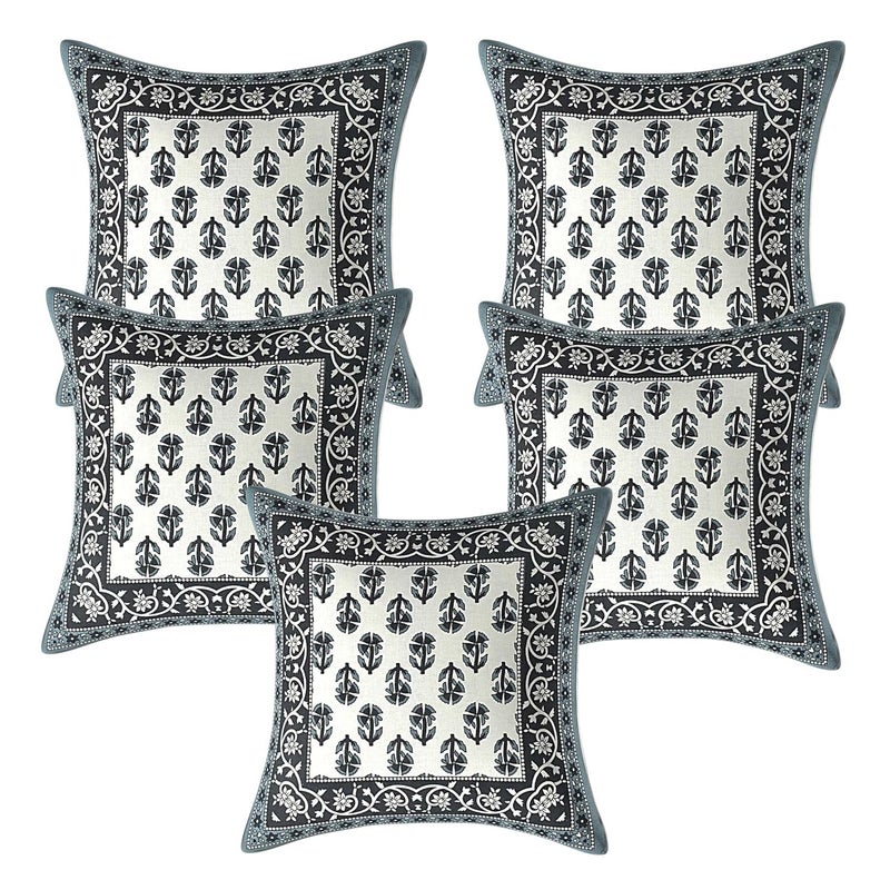 AMLEXTTRIZ Cream Flora Print 100 Pure Cotton Cushion Cover Set of 5 Decorative Covers for Sofa Bedroom Living Room Size 16x16 Gray - Image 1