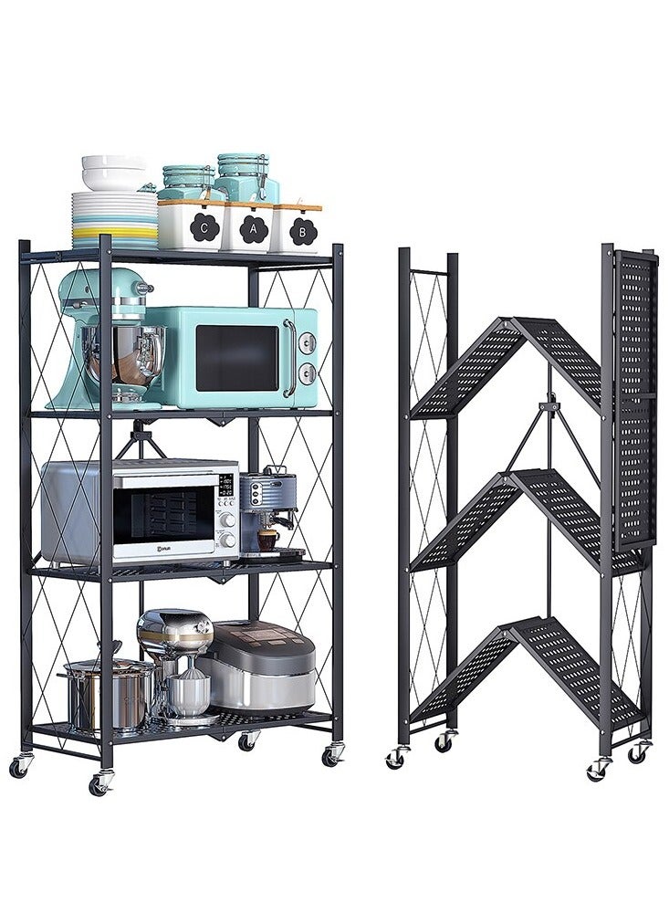 DubaiGallery Multi-Shelf Collapsible Storage Shelves for Home Garage Kitchen Cabinet, Metal Wire, 4-Inch Folding Organizer Rack on Wheels, Metal Organizer Wire Rack, Black/White (4 Shelves (Black))