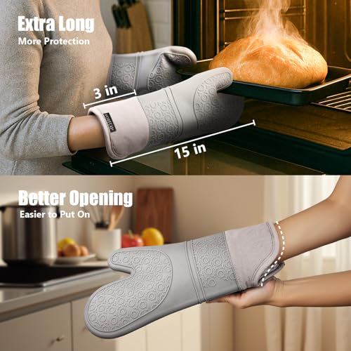 Rorecay 6pcs Oven Mitts and Pot Holders Sets for Kitchen, Extra Long Silicone Oven Gloves High Heat Resistant 500 Degrees Non-Slip Potholders Hot Pads for Baking Cooking, Grey - Image 3