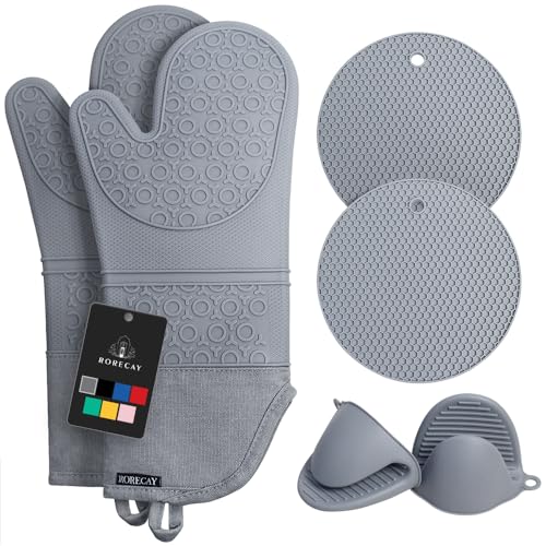 Rorecay 6pcs Oven Mitts and Pot Holders Sets for Kitchen, Extra Long Silicone Oven Gloves High Heat Resistant 500 Degrees Non-Slip Potholders Hot Pads for Baking Cooking, Grey - Image 1