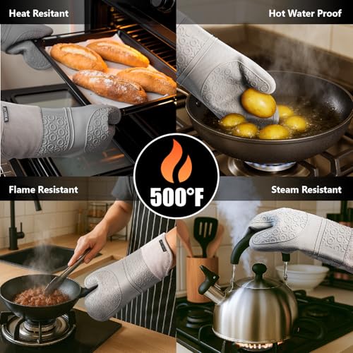 Rorecay 6pcs Oven Mitts and Pot Holders Sets for Kitchen, Extra Long Silicone Oven Gloves High Heat Resistant 500 Degrees Non-Slip Potholders Hot Pads for Baking Cooking, Grey - Image 2