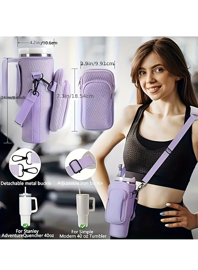 2 in 1 Water Bottle Holder with Pouch Pocket for Stanley 40 oz Tumbler, Water Bottle Carrier Bag for Stanley Cup Accessories, Water Bottle Sling Bag with Large Pouch  Strap for Phone, Cards, Key,3D  - Image 2