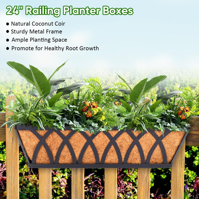 LCHUANG Deck Railing Planter Window Box - 3 Pack 24 Inch Deck Balcony Rail Planter with Coconut Coir Liner, Fence Metal Hanging Flower Planter Basket Deck Railing Planter Boxes for Outdoor Lawn - Image 2