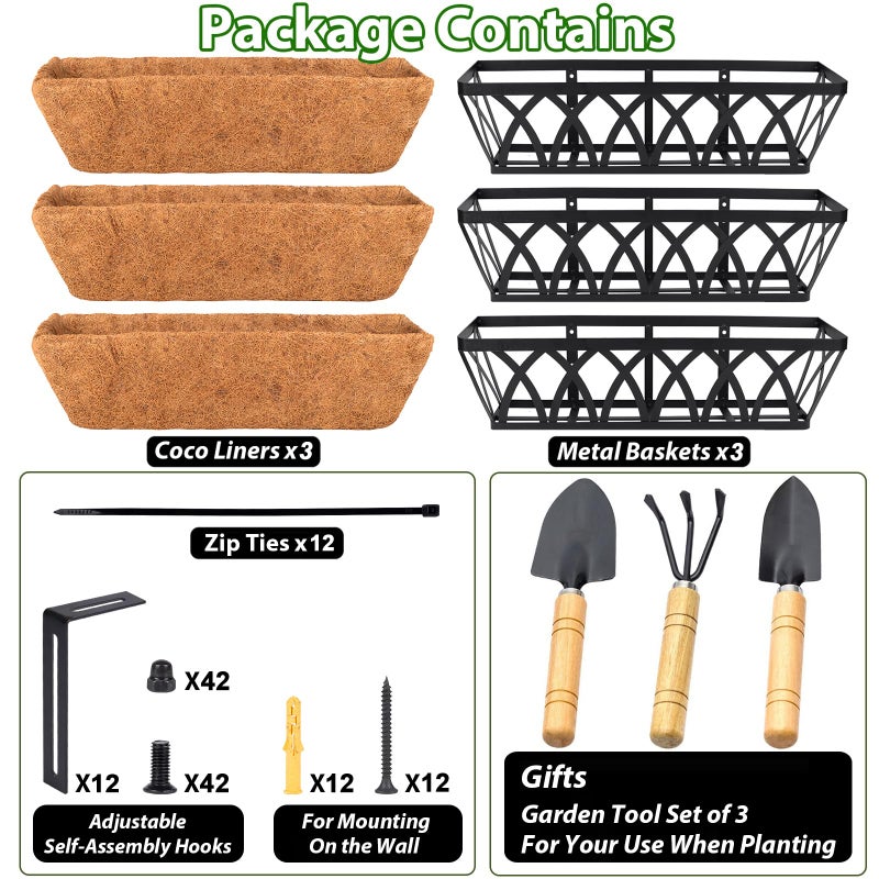 LCHUANG Deck Railing Planter Window Box - 3 Pack 24 Inch Deck Balcony Rail Planter with Coconut Coir Liner, Fence Metal Hanging Flower Planter Basket Deck Railing Planter Boxes for Outdoor Lawn - Image 5