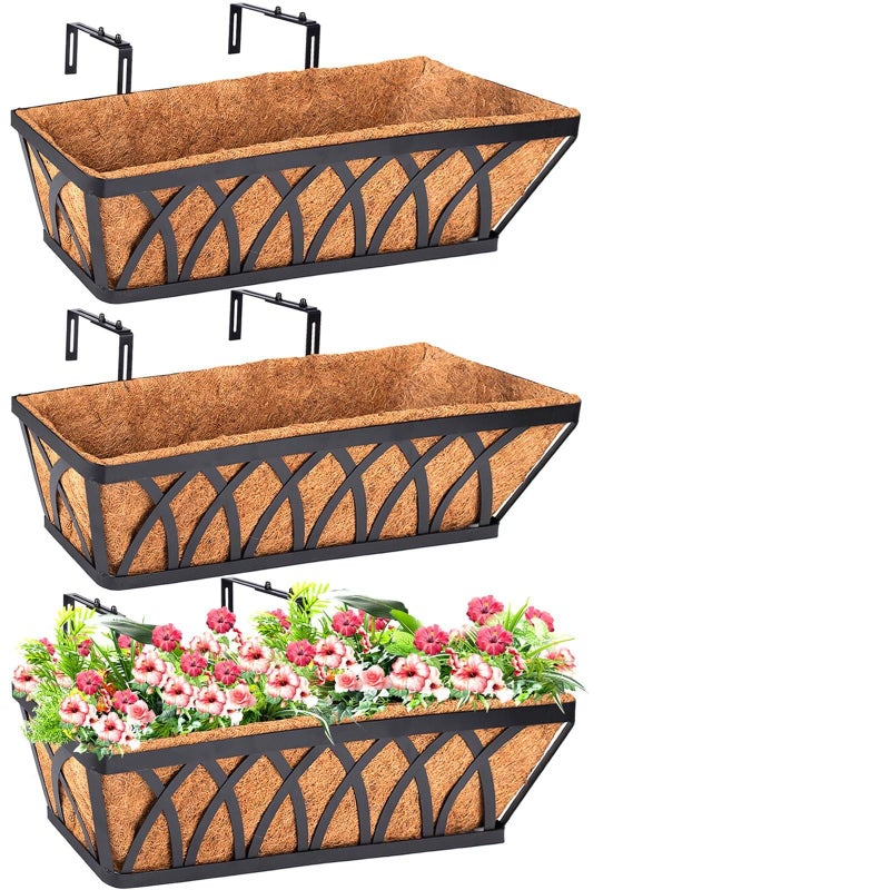 LCHUANG Deck Railing Planter Window Box - 3 Pack 24 Inch Deck Balcony Rail Planter with Coconut Coir Liner, Fence Metal Hanging Flower Planter Basket Deck Railing Planter Boxes for Outdoor Lawn - Image 1