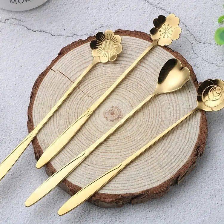 ShipFayda Long Handle Flowers Shaped Stirring Spoon Flatware Ice Tea Dessert Spoon Kitchen Accessories Color Titanium Gold Set of 4 pcs - Image 5