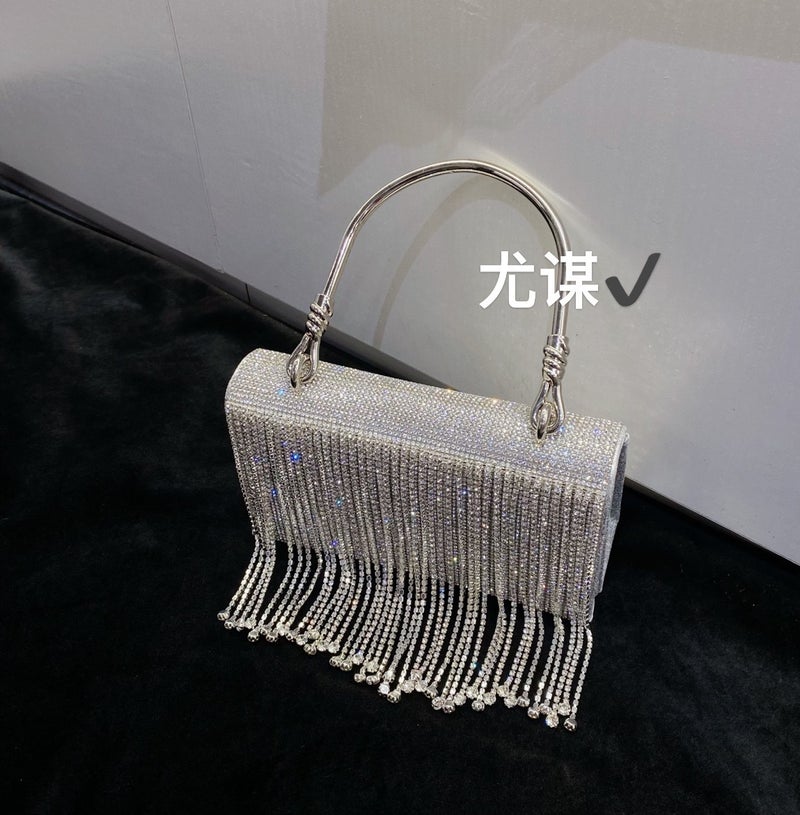 Tassel Shiny Metal Small Square Bag Gold Diamond Mobile Phone Bag Rhinestone Chain Hand Crossbody Small Bag For Women - Image 3