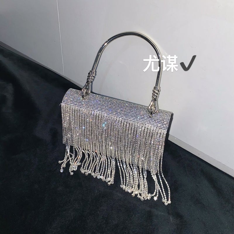 Tassel Shiny Metal Small Square Bag Gold Diamond Mobile Phone Bag Rhinestone Chain Hand Crossbody Small Bag For Women - Image 2
