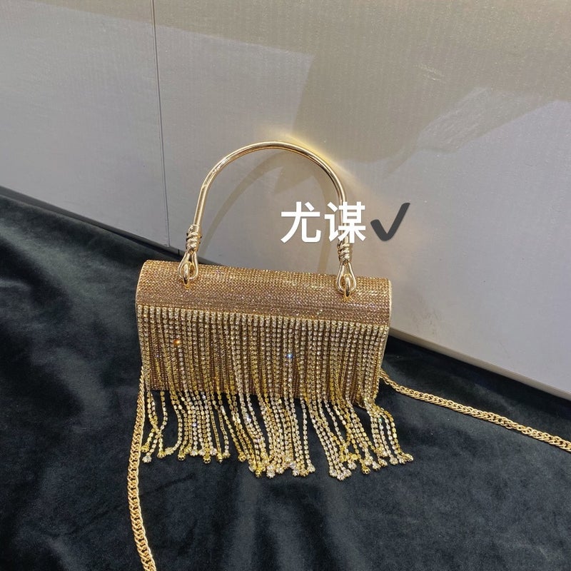 Tassel Shiny Metal Small Square Bag Gold Diamond Mobile Phone Bag Rhinestone Chain Hand Crossbody Small Bag For Women - Image 4