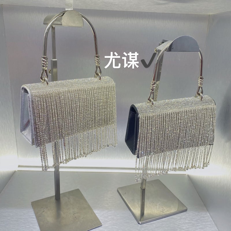 Tassel Shiny Metal Small Square Bag Gold Diamond Mobile Phone Bag Rhinestone Chain Hand Crossbody Small Bag For Women - Image 5