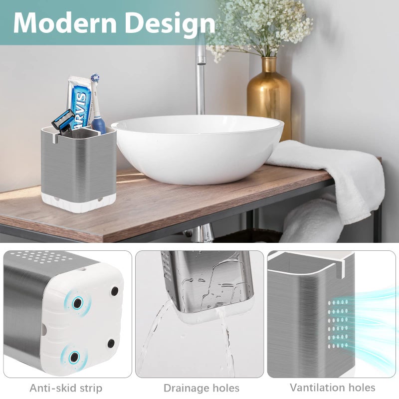 Boperzi Toothbrush Holder Toothpaste Organizer Drainage for Bathroom Vanity, Detachable Anti-Slip Brushed Nickel Toothpaste Storage Caddy 3 Slots with Drainage Holes for Makeup Brush Razor Stand - Image 4