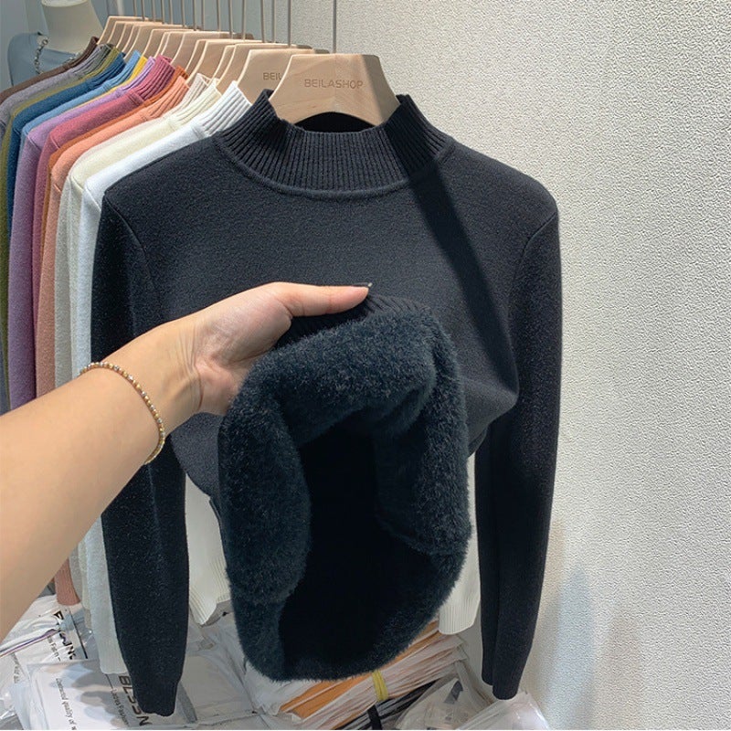 Womens half turtleneck long-sleeved sweater 2024 autumn and winter New undershirt fleece-lined thick warm western style topWarm natural heating-Black Warm natural heating-Black