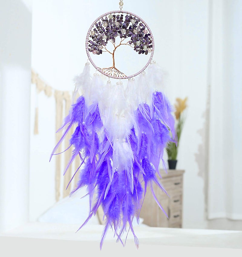Dksuwe Dream Catchers, Purple Dream Catcher Tree of Life Wall Decor, with Natural Healing Crystal Stone, Perfect Handmade Dreamlike Crystal Dream Catcher for Bedroom Art Craft Gift - Image 1