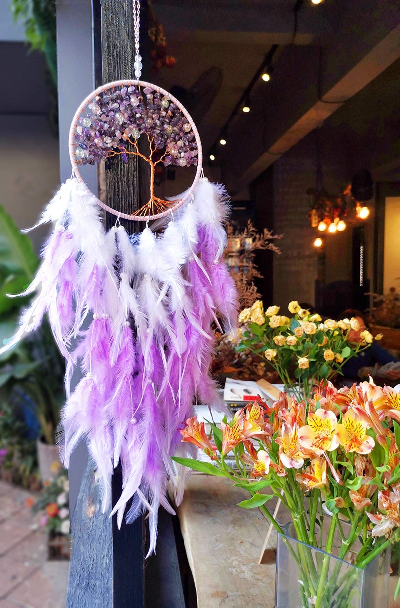 Dksuwe Dream Catchers, Purple Dream Catcher Tree of Life Wall Decor, with Natural Healing Crystal Stone, Perfect Handmade Dreamlike Crystal Dream Catcher for Bedroom Art Craft Gift - Image 5