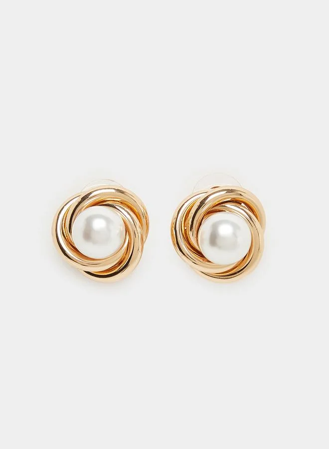 Styli Gold Tone Knot Stud Earrings with Pearl Center