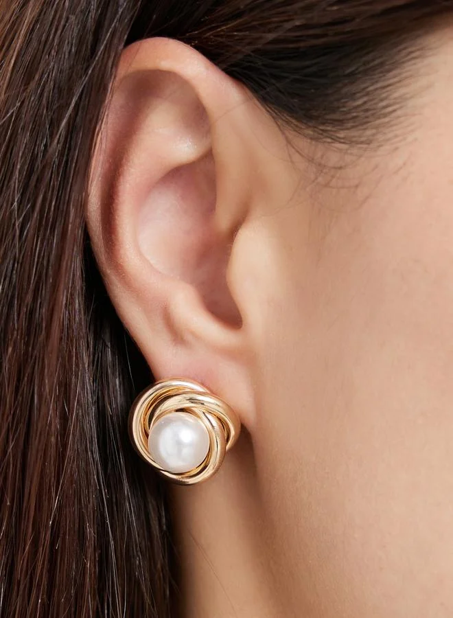 Styli Gold Tone Knot Stud Earrings with Pearl Center