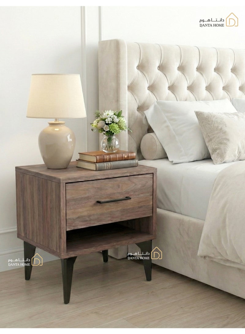 DANTA HOME Wooden Bedside Table ( Nightstand ) With Storage Drawer And Open Shelf - Elegant Design With Black Metal Legs - Brown - Image 2