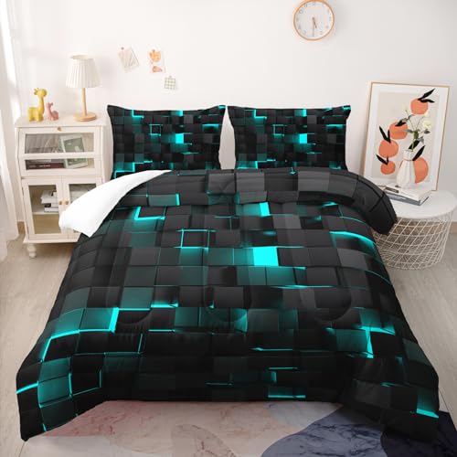 Nttopship Geometric Turquoise Black Comforter SetLight Honeycomb 3 Piece Bedding Set Full Size for Teen BoysModern Quilt Set Geometry DecorMicrofiber Lightweight 1 Comforter 2 Pillowcases All Season - Image 3