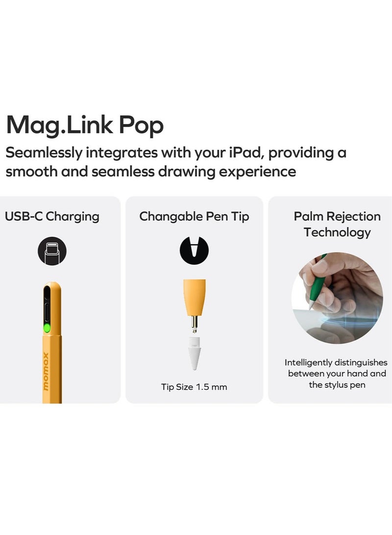Momax قلم Momax MAG Link Pop Magnetic Active Stylus سهل الشحن عبر USB-C (الشحن اللاسلكي غير متوافق) - أصفر - Image 5