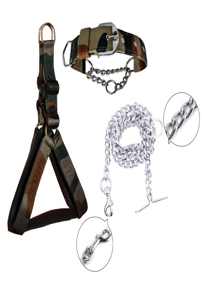 Hachiko:-(Combo of 3) Imported Nylon Padded Adjustable Dog Harness+Choke Collar+Chain(Large,Army) - Image 1