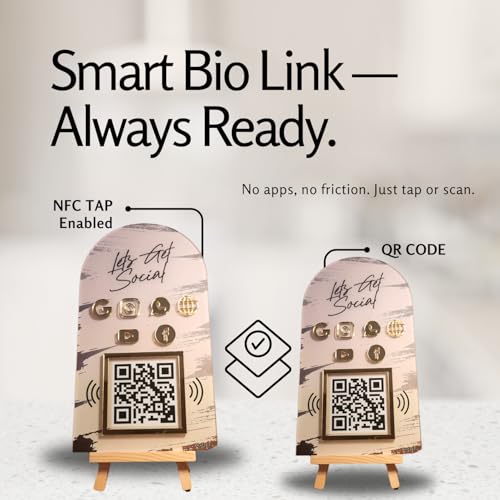 tinydabba Combo Standee 5-in-1 | NFC & QR Enabled | Connect Review, Instagram, Facebook, YouTube, WhatsApp & More | Share Bio Link Instantly | 5x8 Inch Golden Premium With Wooden Stand - Image 5