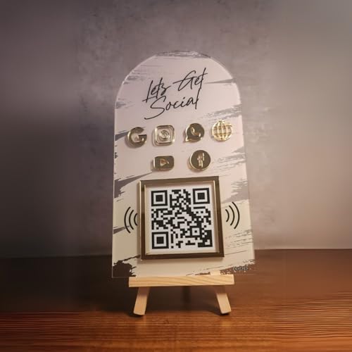 tinydabba Combo Standee 5-in-1 | NFC & QR Enabled | Connect Review, Instagram, Facebook, YouTube, WhatsApp & More | Share Bio Link Instantly | 5x8 Inch Golden Premium With Wooden Stand - Image 1