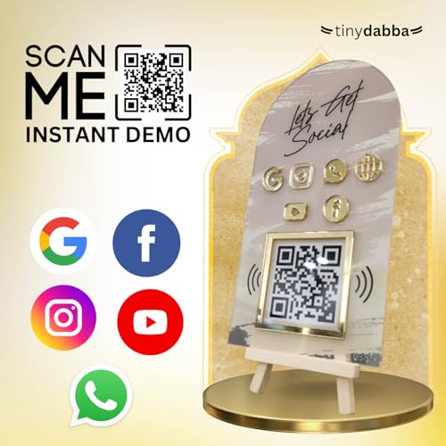 tinydabba Combo Standee 5-in-1 | NFC & QR Enabled | Connect Review, Instagram, Facebook, YouTube, WhatsApp & More | Share Bio Link Instantly | 5x8 Inch Golden Premium With Wooden Stand - Image 2