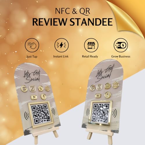 tinydabba Combo Standee 5-in-1 | NFC & QR Enabled | Connect Review, Instagram, Facebook, YouTube, WhatsApp & More | Share Bio Link Instantly | 5x8 Inch Golden Premium With Wooden Stand - Image 4