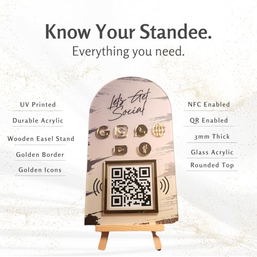 tinydabba Combo Standee 5-in-1 | NFC & QR Enabled | Connect Review, Instagram, Facebook, YouTube, WhatsApp & More | Share Bio Link Instantly | 5x8 Inch Golden Premium With Wooden Stand - Image 3